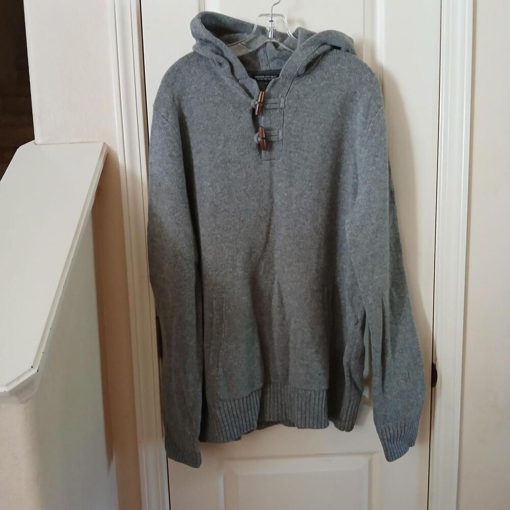 Banana Republic Gray Merino Wool Wood Toggle Hoodie Sweater XL Preppy Classic